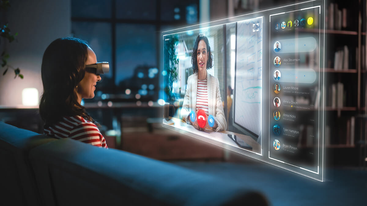 woman watching TV with VR