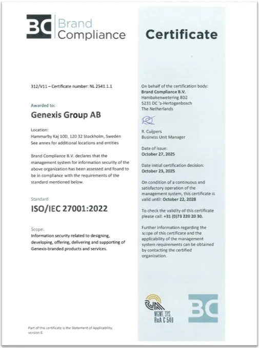Genexis ISO27001 certificate